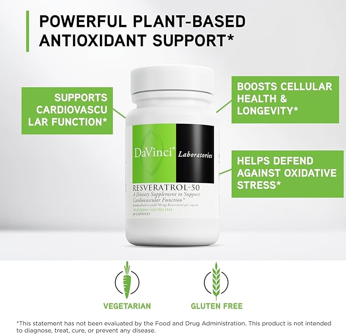 DAVINCI Labs Resveratrol-50 - Helps Support Immune System Bone Health &amp Heart Health with Resveratrol* - Gluten-Free &amp Vegetarian - 60 Capsules