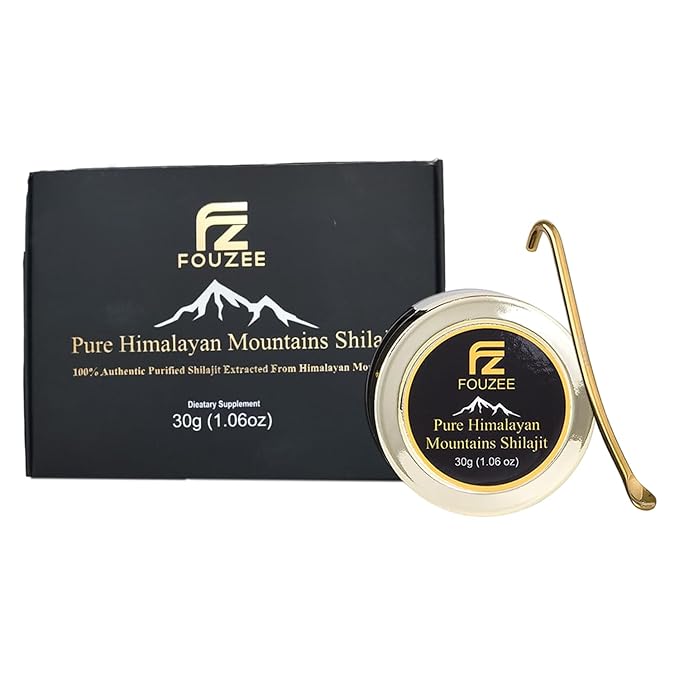 FOUZEE Pure Himalayan Mountains Shilajit - 77% + Fulvic Acid Authentic Hard Consistency Natural Source of Fulvic Acid Over 85 Trace Minerals Includes Stainless Steel Spoon (30 Grams)