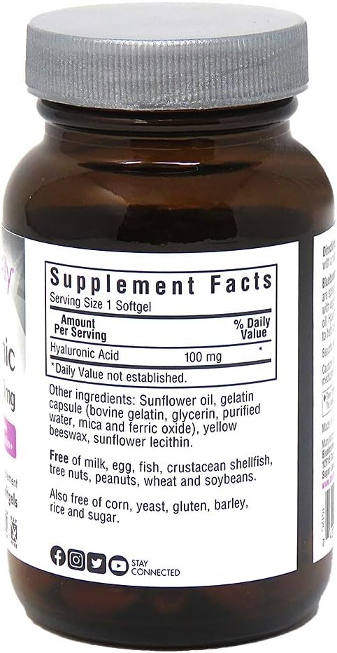 Bluebonnet Nutrition Beautiful Ally Hyaluronic Acid 100mg Nurture Radiant Skin* Non-GMO Gluten-Free Soy-Free 90 Softgels 90 Servings