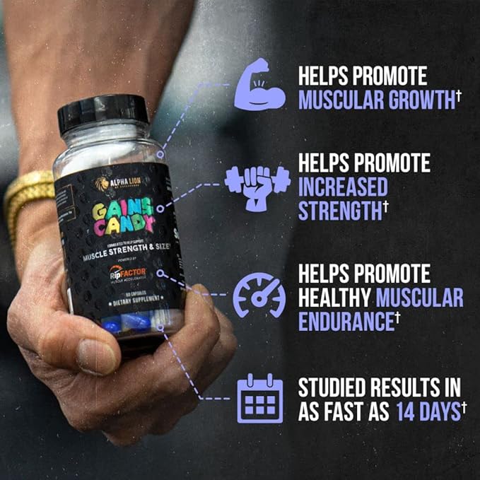 ALPHA LION Gains Candy Supplement Pills for Muscle Growth Size &amp Strength Nitric Oxide Booster Muscle Builder Use Daily to Upgrade Energy &amp Workout Performance 60 Capsules (RipFACTOR®)