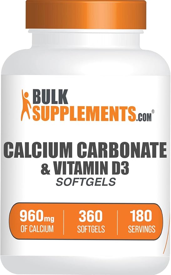 BulkSupplements.com Calcium Carbonate &amp Vitamin D3 Softgels - Calcium and Vitamin D3 Calcium &amp D3 Supplement for Immune Support - Gluten Free 2 Softgels per Serving 360 Count (Pack of 1)