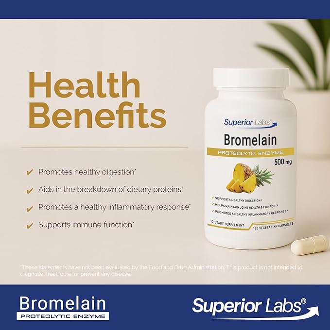 Superior Labs Bromelain 500mg – 2400 GDU/Gram Non-GMO Pineapple Enzyme Plant-Based Digestive Support Promotes Joint Comfort &amp Tissue Health – 120 Veg Caps