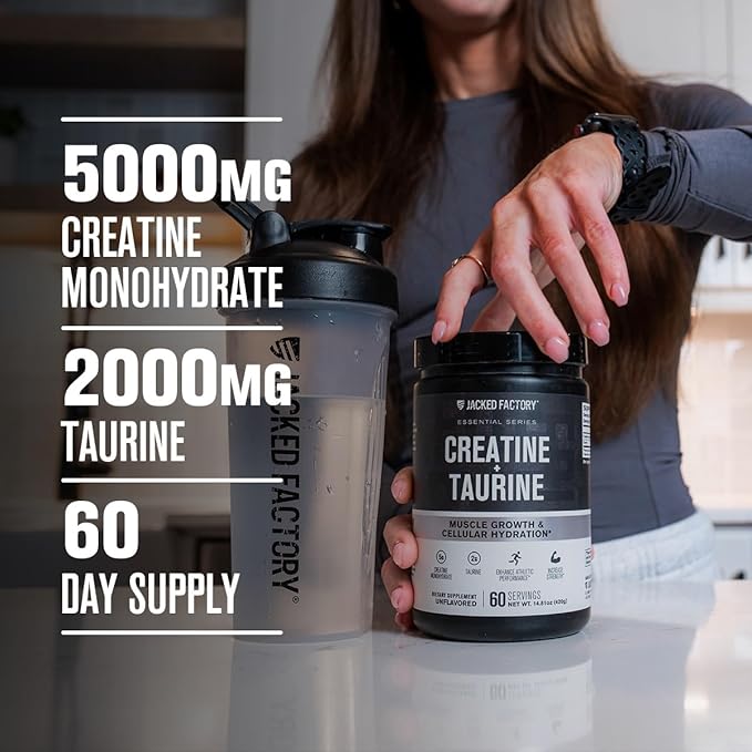 Jacked Factory Creatine + Taurine - Creatine Monohydrate 5000mg with Taurine 2000mg for Increased Muscle Strength &amp Cellular Hydration - 60 Servings Unflavored