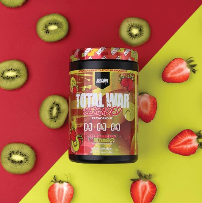 REDCON1 Total War Reloaded Pre Workout Strawberry Kiwi - Creatine Beta Alanine + L-Citrulline Malate Keto Friendly for Men &amp Women with 350mg of Caffeine - Fast Acting (30 Servings)