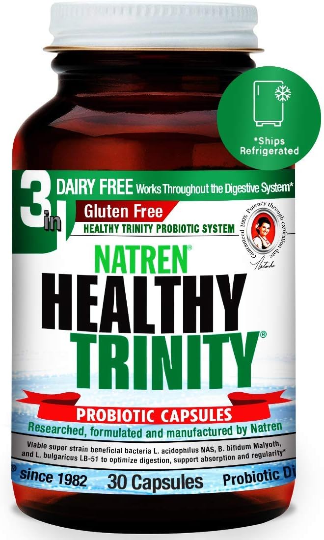 Natren Healthy Trinity Probiotics Supplement - 30 Dairy and Gluten Free Gel Capsules - Improve Gut and Digestive Health 30 Billion CFU - Lactobacillus Acidophilus Bifidobacterium Bulgaricus