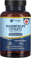 Magnesium Citrate Capsules 1500mg with Vitamin B6 | 120 Vegan Capsules | 450mg Elemental Mg | Capsule not Tablets | Made in UK by Prowise