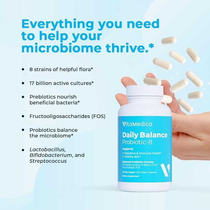 VitaMedica | Daily Balance Probiotic-8 | Probiotic Supplement | 16 Billion CFUs | Gut Health | Digestive Skin &amp Immune Support | Constipation Diarrhea Gas &amp Bloating Relief | Vegan | 60 Co