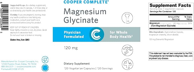 Magnesium Glycinate Capsules 120 mg for Sleep Support† Cooper Complete Calm &amp Muscle Relaxation Heart Health Supplement 120 Count