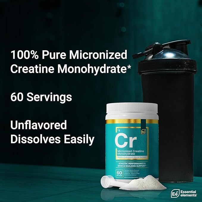 Essential Elements Micronized Creatine Monohydrate Powder for Men &amp Women - Unflavored &amp Easily Dissolved - 60 Servings (2 Pack)