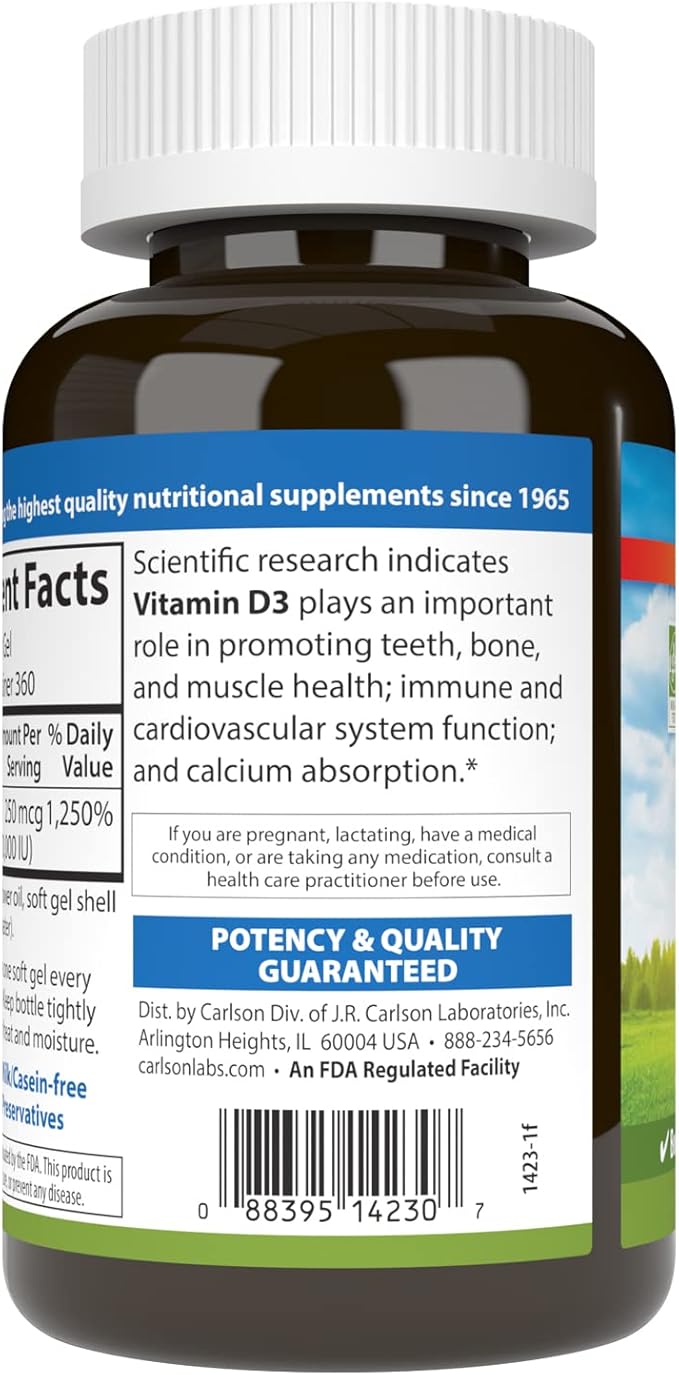 Carlson Vitamin D3 10000 IU (250 mcg) Cholecalciferol Bone &amp Immune Health 360 Soft Gels