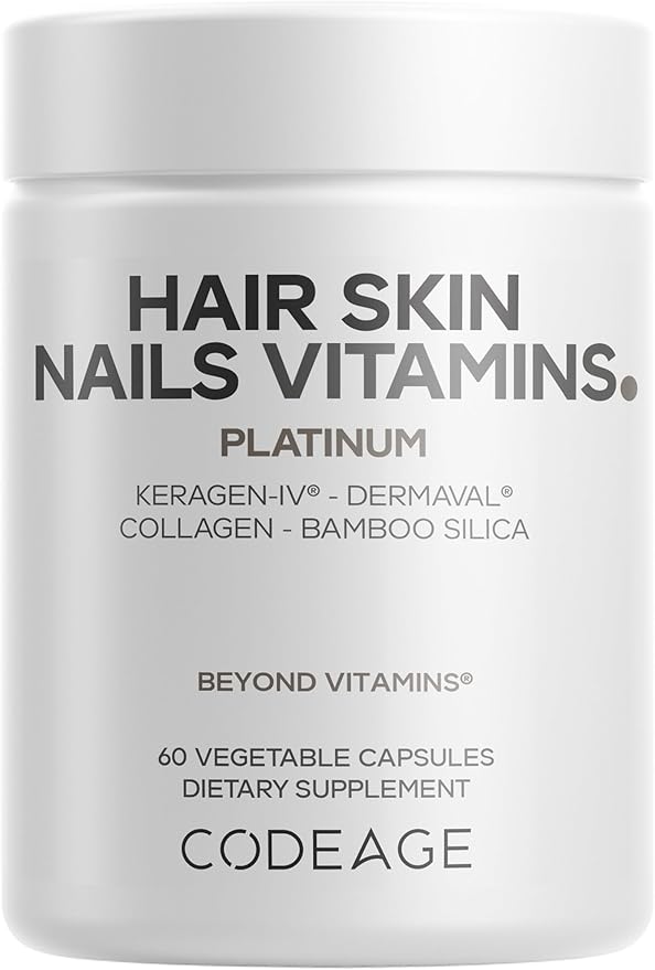 Codeage Hair Skin Nails Vitamins Platinum - KeraGEN-IV Keratin Dermaval - Hair Fall Skin Elasticity &amp Moisture Support - Biotin 5000 Collagen Vitamin C Coffeeberry PABA Supplement - 60 Capsu