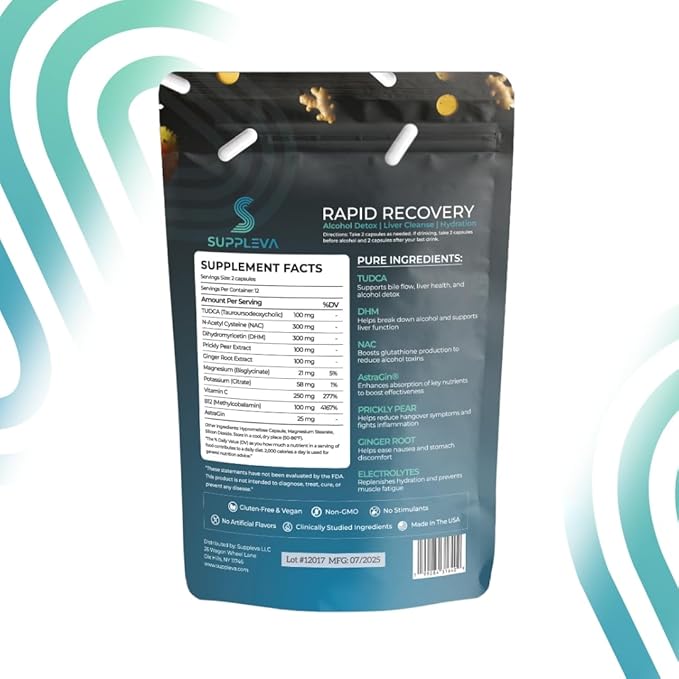 Rapid Recovery | DHM Supplement with TUDCA NAC &amp AstraGin | Feel Better After Drinking &amp Support Liver Health | 12 Serving Pouches 24 Capsules | Dihydromyricetin Vitamin C B12