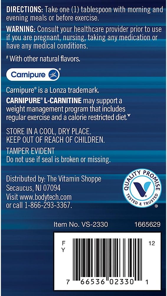 BodyTech L-Carnitine 1100mg - Supports Fat Metabolism Energy Production &amp Muscle Recovery - Raspberry (16 fl oz)
