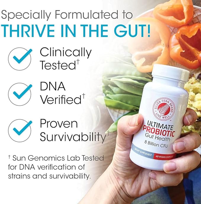 Silver Fern Brand Gut Health Tune Up Kit - Multi Function Ultimate Probiotic (1 Bottle - 60 Capsules) &amp Digestive Enzyme (1 Bottle = 90 Capsules) Helps Digestive Health Mood Reduce Cravings