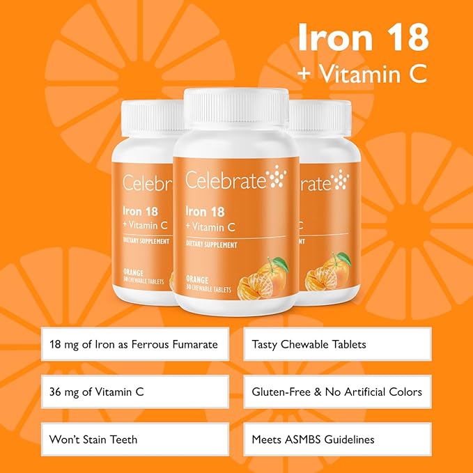 Celebrate Vitamins Iron Supplement with Vitamin C - 18mg Iron 36mg Vitamin C Bariatric Vitamins for WLS Patients Vertical Sleeve &amp Gastric Bypass Surgery – Tangerine 90 Chewable Tablets