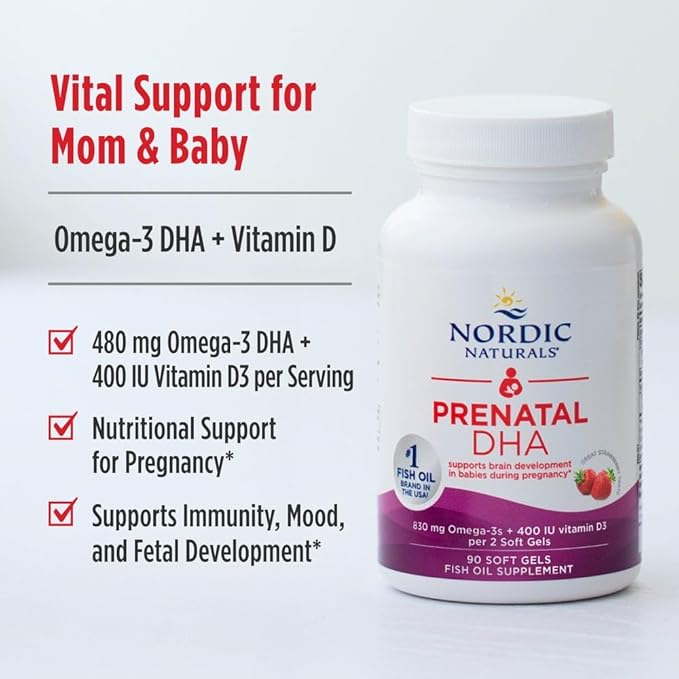 Nordic Naturals Prenatal DHA Strawberry - 90 Soft Gels - 830 mg Omega-3 + 400 IU Vitamin D3 - Non-GMO - 45 Servings