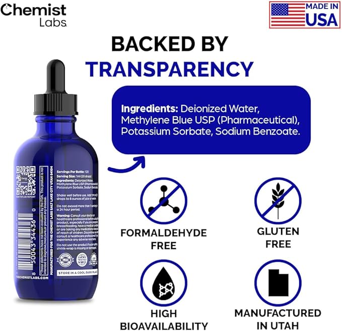 Methylene Blue – 1% Solution | 99.99% USP-Grade Liquid Drops –Mitochondrial &amp Cellular Support – 4oz (120ml) – Formaldehyde-Free – Made in USA