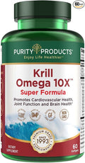 Purity Products Krill Omega-3 10x More EPA and DHA Super Formula Premium PhosphoBoost Krill Oil + Astaxanthin - Supports Joint Comfort + Flexibility - No Fish Burps LemonLock System - 60 SoftGels