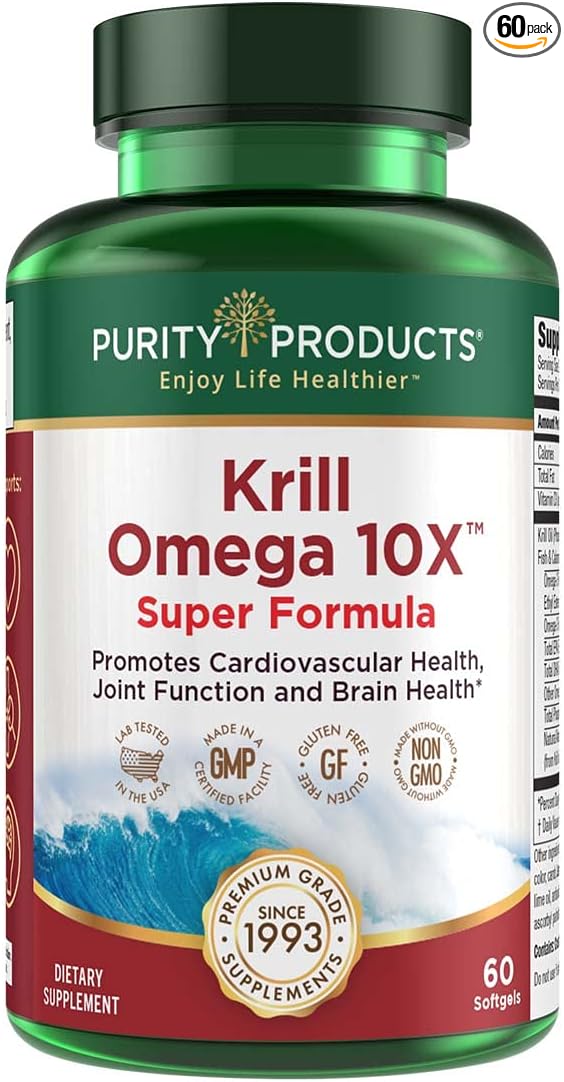 Purity Products Krill Omega-3 10x More EPA and DHA Super Formula Premium PhosphoBoost Krill Oil + Astaxanthin - Supports Joint Comfort + Flexibility - No Fish Burps LemonLock System - 60 SoftGels