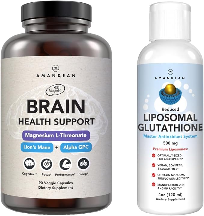 AMANDEAN Premium Brain Health Supplement &amp Liposomal Glutathione Bundle. Triple Formula with Magnesium L-Threonate USA-Grown Organic Lion’s Mane 6:1 Extract and Alpha-GPC. Support Cognition Foc
