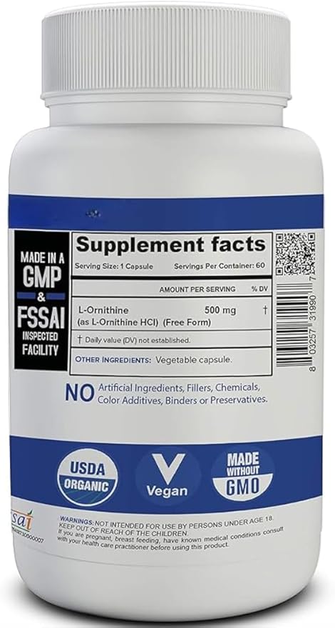 L-Ornithine 500MG- 60 Capsules Essential Amino Acid Promote Optimal Absorption Vegan Gluten Free - 60 Capsules