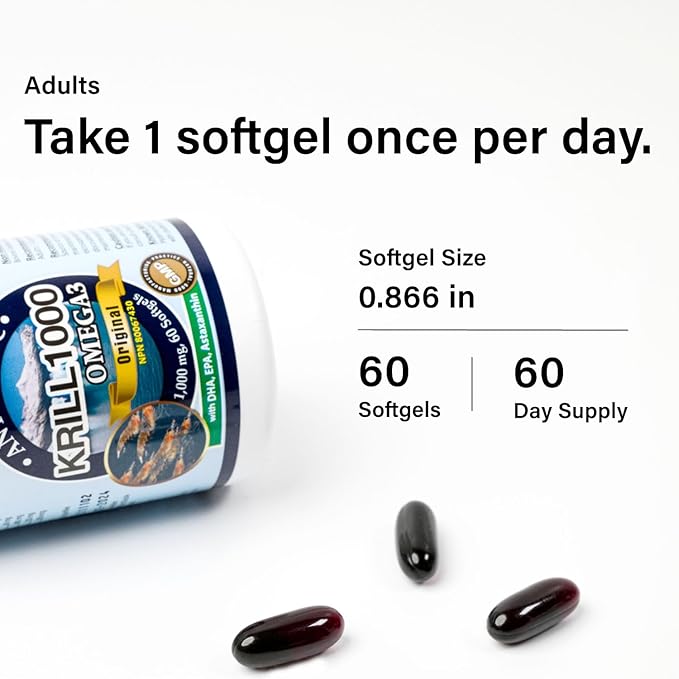 Antarctic Krill Oil 1000mg Contains Omega-3 Fatty Acid EPA DHA Axtaxanthin and Phospholipids (60 Count)
