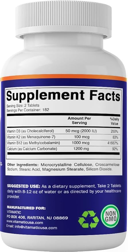 Vitamatic Calcium Supplement 1200mg with D3 K2 &amp B12 Immune &amp Bone Health Support - 365 Coated Tablets- 2 Pack