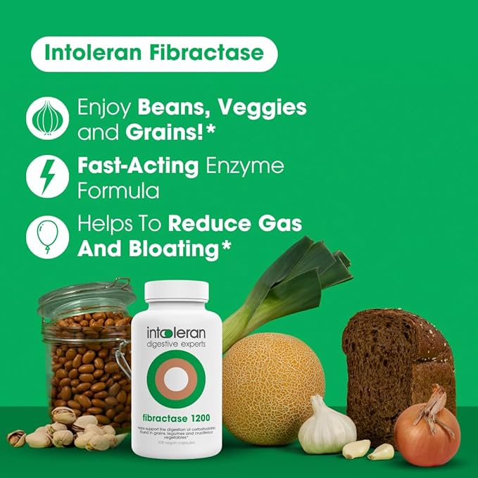 Intoleran Fibractase 1200 Digestive Enzymes - 108 Capsules | Supplement for Fructans &amp Galactans Intolerance | Helps Digest Carbohydrates Grains Legumes Onion Garlic &amp wheats | Pure and Ve