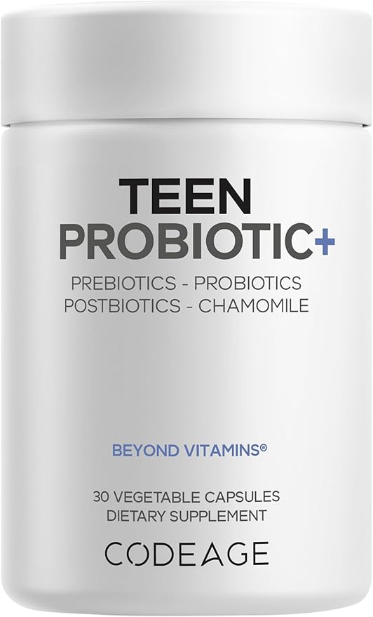 Codeage Teen Probiotic+ Supplement - 25 Billion CFU Probiotic Blend with Prebiotics Postbiotics &amp Chamomile - Gut &amp Digestion Support for Teens and Teenagers 12 &amp Up - Non-GMO- 30 Capsule