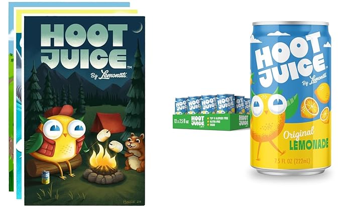 Hoot Juice Original Lemonade 12 Pack + Hoot Juice 3 Pack of Prints