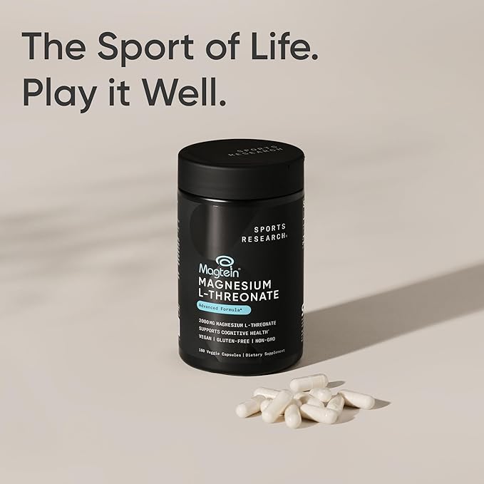Sports Research® Magnesium L-Threonate Capsules 2000mg - High-Absorption Magtein® for Enhanced Brain Health Memory Focus &amp Restful Sleep Support - Vegan · Non-GMO · Gluten Free - 180 Count