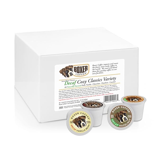 Boxer Coffee Swiss Water Decaf Cozy Classics Variety Naturally Flavored Pods compatible with Keurig K-Cup 48 count - Vanilla Chocolate Hazelnut Caramel