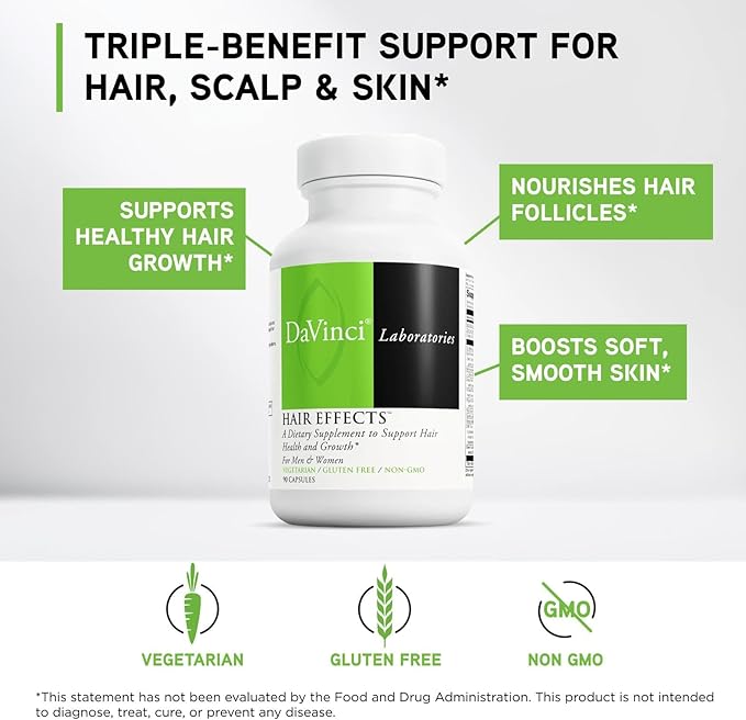 DAVINCI Labs Hair Effects - Dietary Supplement to Support Healthy Hair Growth and Skin* - with Biotin Zinc Copper Saw Palmetto and Grape Seed Extract - Gluten-Free - 90 Vegetarian Capsules