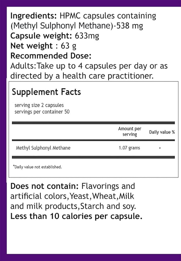 Hekma Center MSM Methyl Sulfonyl Methane - Sulfur - 100 Capsules for Hair Nail and Skin - Vegan