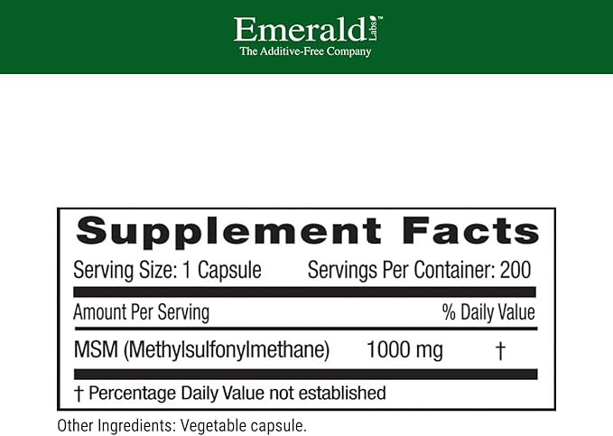 EMERALD LABS MSM 1000mg - Joint Liver &amp Immune Support Supplement with Methylsulfonylmethane - Gluten-Free &amp Additive-Free - 200 Vegetable Capsules (Up to 100-Day Supply)