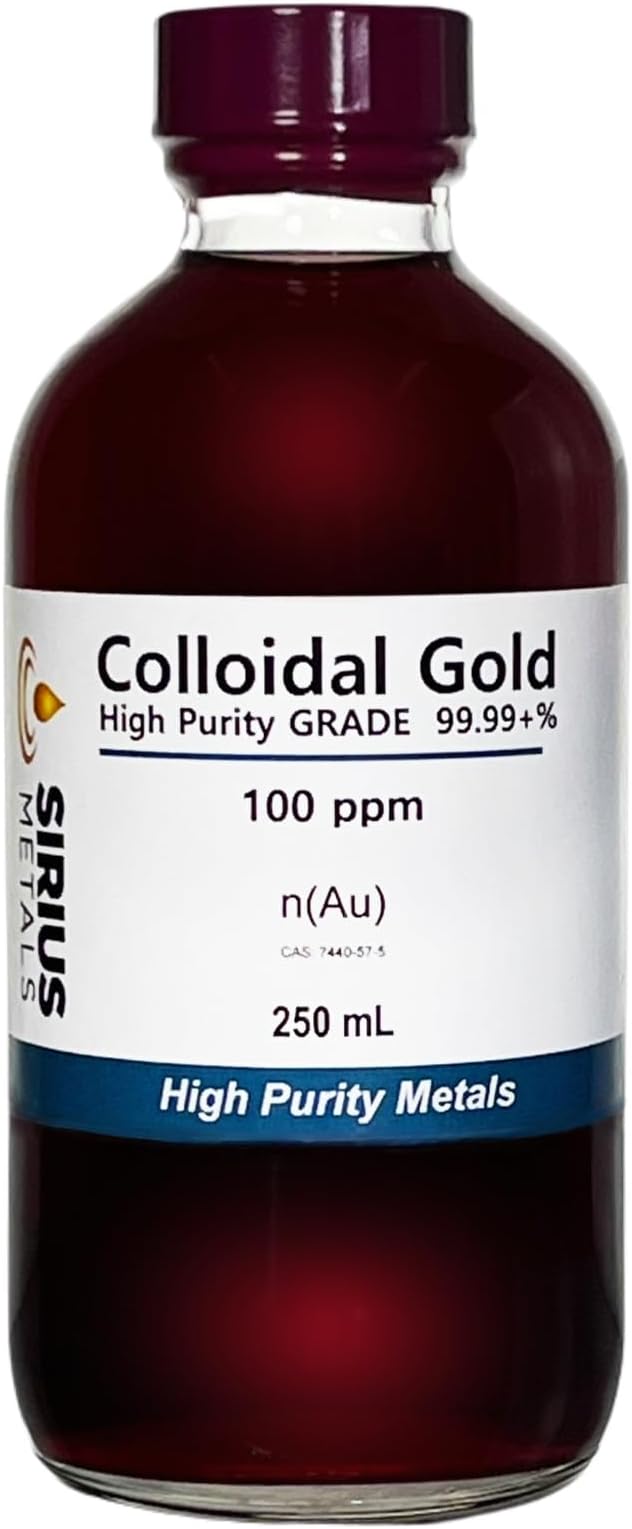 True Colloidal Gold (100 ppm) - 99.99+% Purity - 250 mL (8.45 Fl Oz) in a Clear Glass Bottle