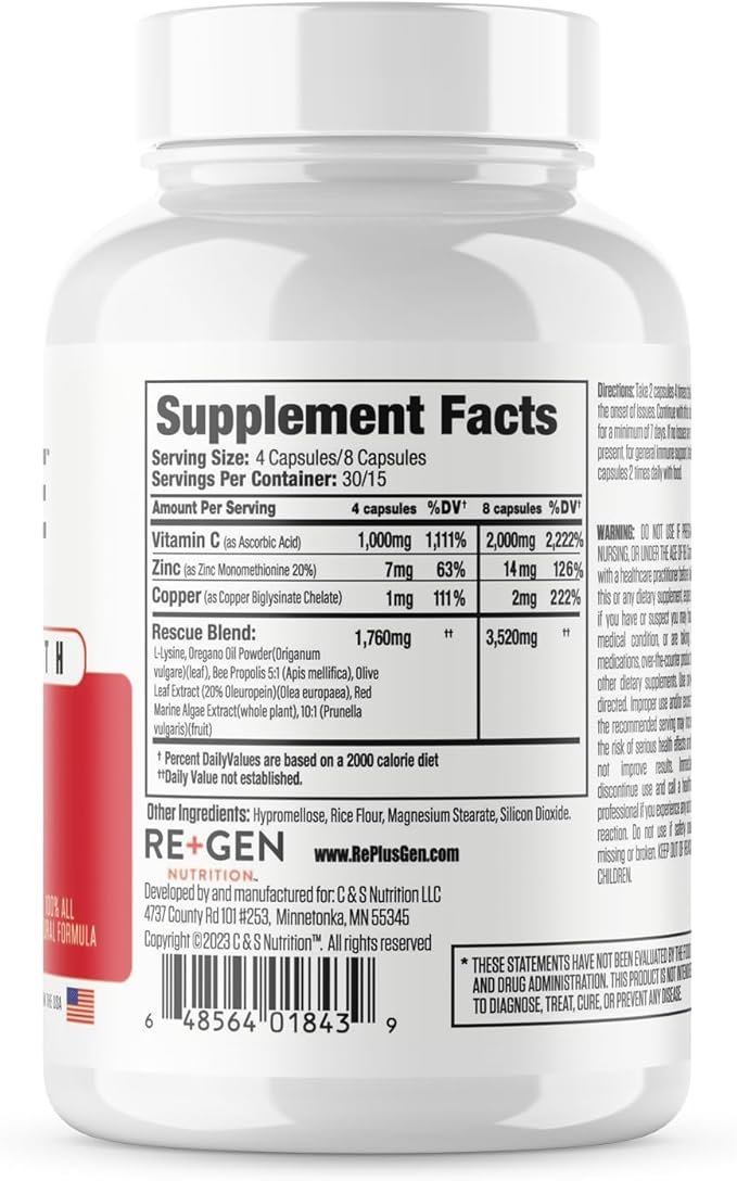 Re+Gen Nutrition HERPRESCUE Outbreak Support Supplement Cold Sore Care for Adults Natural Capsules w/Zinc Vitamin C &amp L lysine Amino Acid for Immune Health 120 Capsules