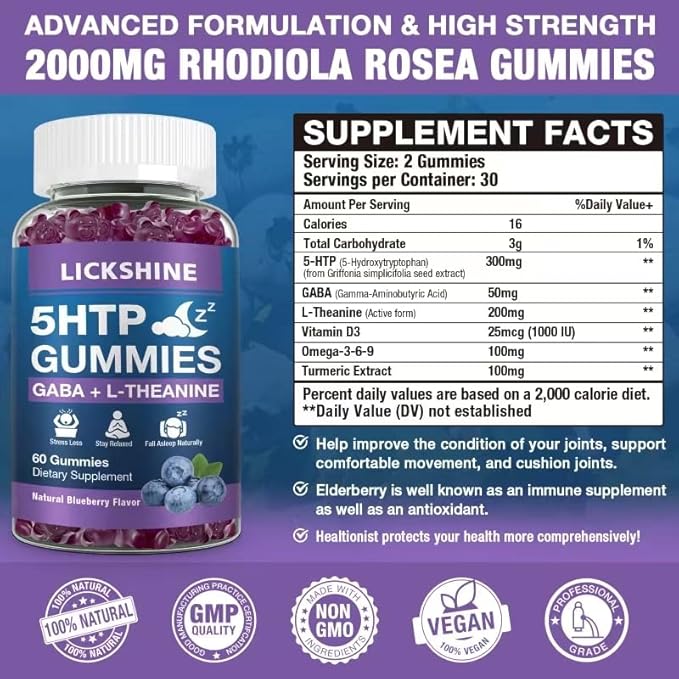 2 Pack 300MG 5-HTP GABA Sleep Supplement Gummies with 200mg L-Theanine Supplement for Brain Mood Stabilizer and Sleep Support Melatonin-Free Omega 3-6-9 for Natural Zzzs Blueberry Flavor