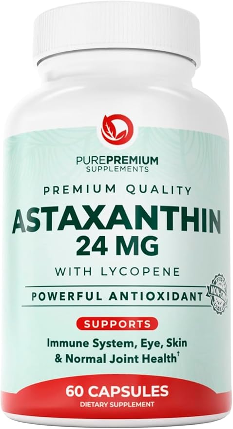 PurePremium Astaxanthin Supplements - Astaxanthin 24mg with Lycopene 50mg Antioxidants Supplement for Skin &amp Eye Health &amp Immune System Support – Non-GMO - 60 Count 2 Month Supply