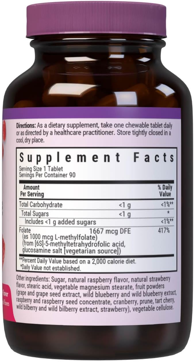 Bluebonnet EarthSweet Methylfolate 1000 mcg Cellular Active Coenzyme 5-MTHF L Methyl Folate Supplement - Prenatal &amp Energy Support - Non-GMO Vegan Gluten-Free - Raspberry - 90 Chewable Tablets