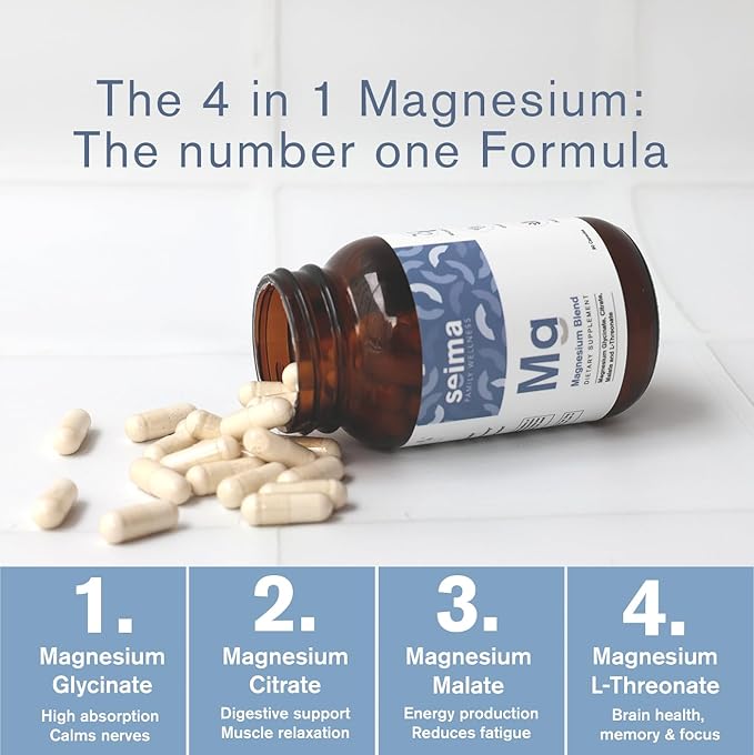 4-in-1 Magnesium Complex – 1200 mg with Glycinate Citrate L-Threonate and Malate – Sleep Stress Relief Muscle Recovery Energy and Well-Being for Women and Men 90 Capsules