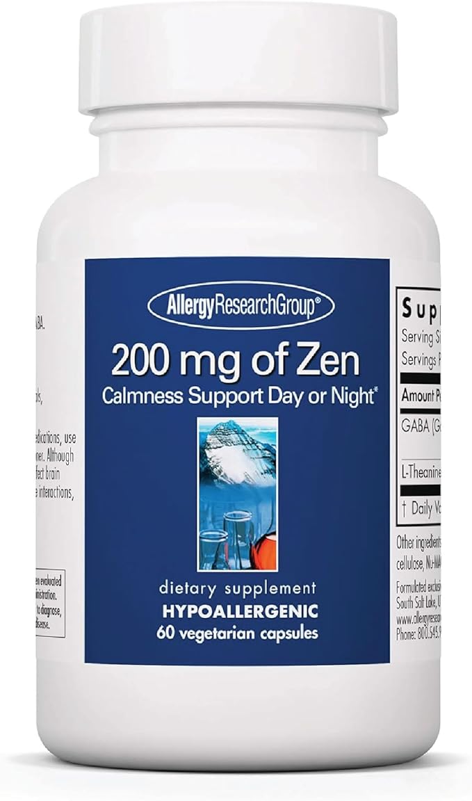 Allergy Research Group ARG 200 mg of Zen - Supports Calm and Stress Balance - Delivers 200 mg L-Theanine &amp 550 mg GABA per Serving - Vegetarian &amp Hypoallergenic - 30 Servings - 60 Capsules