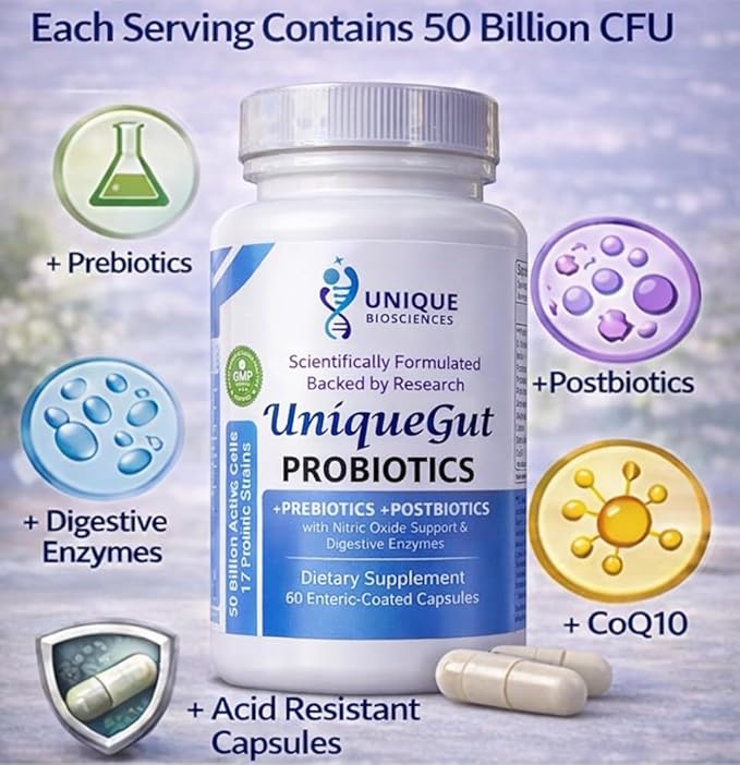 UniqueGut™ Probiotics – 17-Strain Advanced Formula with Prebiotics Postbiotics Digestive Support &amp CoQ-10