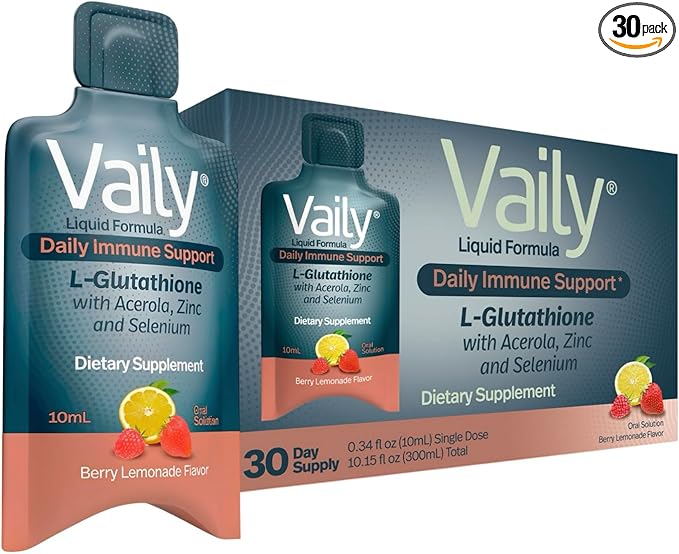 Vaily Immune Support Supplement for Adults - Liquid Glutathione Supplement 860 mg w/Acerola Vitamin C Zinc &amp Selenium - High Potency Antioxidant Skin Health Detox Every Day - 30 Single-dose Vial