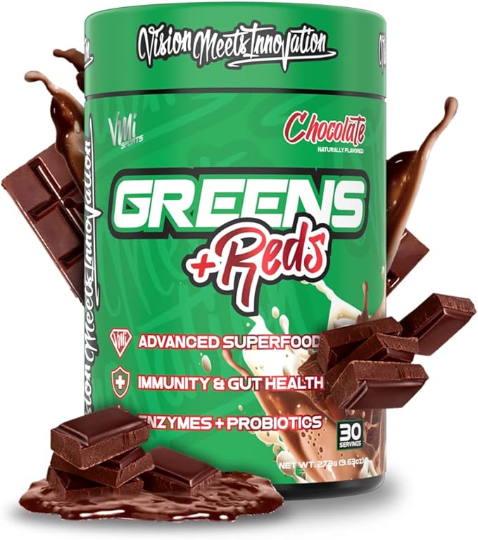 VMI Sports Greens + Reds Advanced Superfood Immunity and Gut Health | Enzymes &amp Probiotics | 30 Servings (Chocolate)