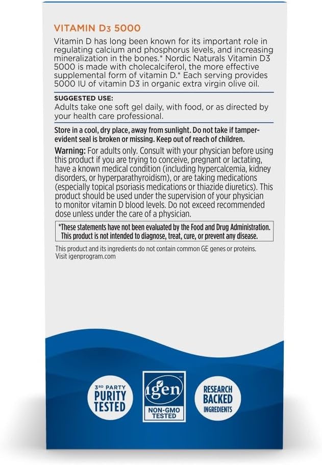 Nordic Naturals Vitamin D3 5000 Orange - 200 Mini Soft Gels - Support for Healthy Bones Mood &amp Immune System - Vegetarian - Non-GMO - 200 Servings