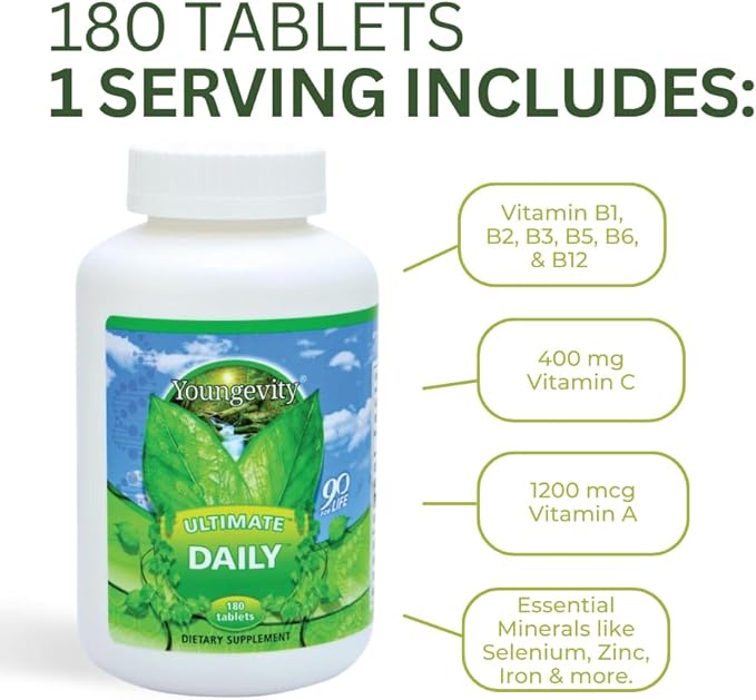 Youngevity Ultimate Daily Mega Multivitamin - 20+ Vitamins and Minerals w/ CoQ10 - Vitamins A C D E Zinc Folate Selenium Calcium Chromium and More - High Absorption -180 Tablets (Pack of 1)