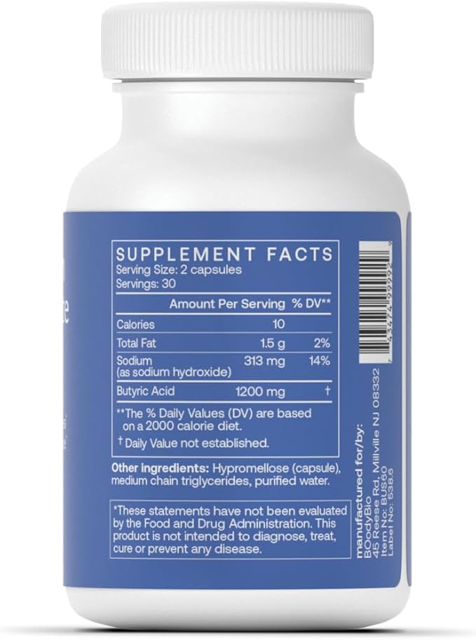 BodyBio Butyrate - Postbiotic for Gut Health Digestive Support Bloat Gas &amp Constipation Relief Leaky Gut Repair - Sodium + Butyric Acid Supplement for GI Wellness