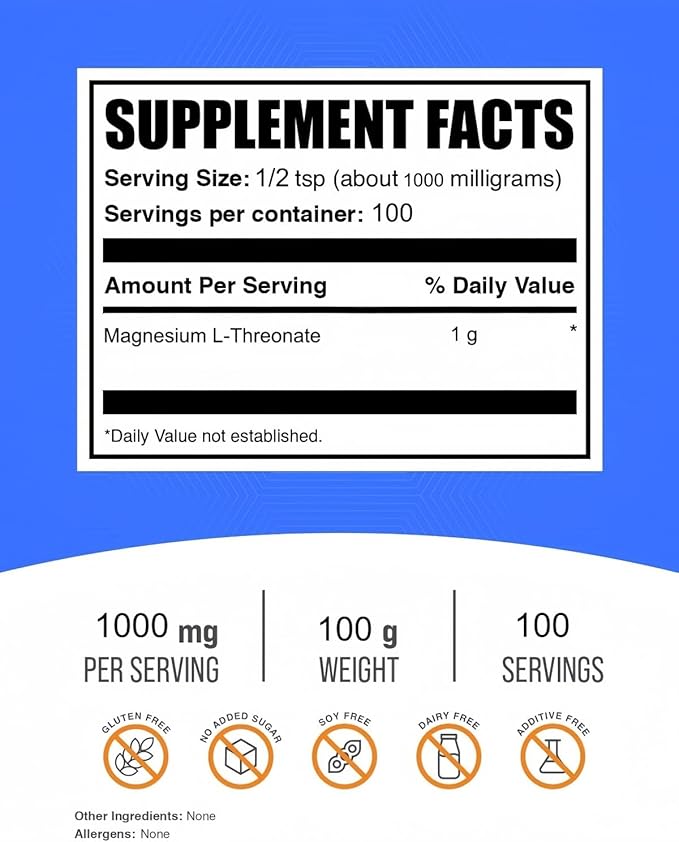 Magnesium L-Threonate Powder Sleep Memory and Cognitive Support – Promotes Brain Health - High Absorption - Most Bioavailable Form of Magnesium - 100 Grams Pure Purity Above 99% Include 1g Scoop