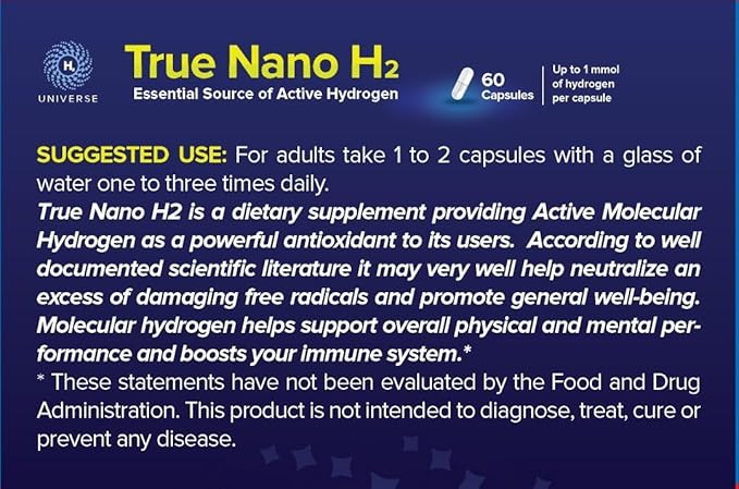 True Nano H2 Plus by H2 Universe| Molecular Hydrogen with Active Hydrogen Nanobubbles | Boosts Energy Powerful Antioxidant | 60 Capsules